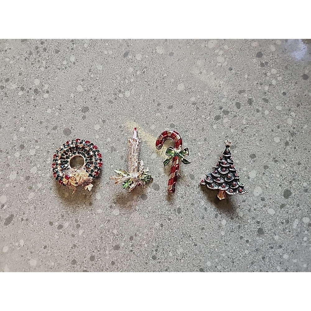 Gold Tone Enamel Christmas Brooch Pins, Gerry's, Candle Wreath Tree Candy VTG